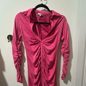 Fashion Nova Hot Pink Ruched Long Sleeve Dress